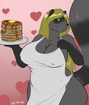  &lt;3 anthro apron big_breasts blonde_hair breasts cleavage clothed clothing female food green_eyes hair long_hair looking_at_viewer mammal milf mother naomi_rasputin nightfaux pancake parent pose raccoon skimpy solo voluptuous wide_hips 