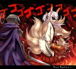  1boy 1girl animal_ears armor battle blonde_hair bobomaster cape food fox_ears fox_tail knight kyuubi long_hair meat multiple_tails pixiv_fantasia pixiv_fantasia_fallen_kings red_eyes steam sword tail weapon 