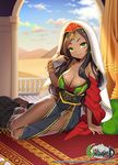  arabian_clothes bad_id bad_pixiv_id bare_shoulders black_hair bracelet breasts byulzzimon cleavage dark_skin day desert green_eyes jewelry large_breasts legs long_hair mole sky smile solo transparent unleashed veil 