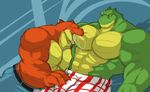  abs abstract_background alligator anthro belt biceps big_muscles bite blue_background bulge claws clothing couple crocodile drooling eyes_closed flammars gay green_skin grin gripping holding horn huge_muscles male muscles orange_eyes orange_skin pants pecs plain_background pose reptile saliva scales scalie shorts sitting smile sucking toned topless wani who yellow_eyes yellow_skin 