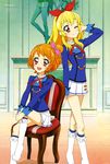  absurdres aikatsu! aikatsu!_(series) animage blonde_hair boots bow copyright_name highres hoshimiya_ichigo long_hair multiple_girls official_art oozora_akari pink_bow ribbon sakai_kasumi scan short_hair skirt 