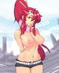  arms_behind_back belt breasts duplicate hair_ornament hair_stick inverted_nipples large_breasts lips long_hair md5_mismatch navel nipples owler ponytail puffy_nipples red_hair resized scarf short_shorts shorts sidelocks skull_hair_ornament smile solo striped striped_scarf tengen_toppa_gurren_lagann topless upscaled yellow_eyes yoko_littner 