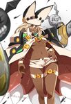  belt beltbra breasts cape commentary_request dark_skin guilty_gear guilty_gear_xrd hand_on_hip huge_weapon jerun medium_breasts navel platinum_blonde_hair ramlethal_valentine sharp_teeth short_shorts shorts sword teeth twitter_username underboob weapon yellow_eyes 