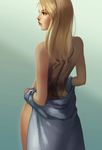  3four back back_tattoo blonde_hair brown_eyes from_behind fullmetal_alchemist hair_down lips lipstick long_hair makeup naked_shirt nose riza_hawkeye shirt solo tattoo undressing 