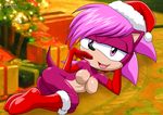  anthrofied areola bbmbbf black_nose boot breasts christmas_hat elbow_gloves female fur gloves hair half-closed_eyes hat hedgehog hi_res looking_at_viewer lying mammal mobius_unleashed nipples on_side open_mouth palcomix pink_hair purple_eyes purple_fur sega shaded solo sonia_the_hedgehog sonic_(series) tongue 