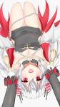  1girl :d azur_lane bat_wings breasts cape chains cleavage elbow_gloves fangs gloves long_hair looking_at_viewer open_mouth red_eyes simple_background slit_pupils small_breasts smile solo upside-down uru_byou vampire_(azur_lane) white_background white_hair wings 