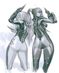  ass bodysuit highres ikeda_masateru lips long_hair looking_at_viewer looking_back monochrome multiple_girls nova_(warframe) ponytail simple_background skin_tight valkyr_(warframe) warframe white_background 