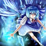  blue_eyes blue_hair bow cirno dress hair_bow ice menka short_hair solo touhou wings 