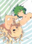  absurdres blonde_hair breasts cheek_poking cleavage closed_eyes earrings green_eyes green_hair highres hikage_(senran_kagura) jewelry large_breasts long_hair lying medium_breasts multiple_girls official_art poking scan senran_kagura senran_kagura_shoujo-tachi_no_shin'ei short_hair smile tattoo yaegashi_nan yomi_(senran_kagura) 