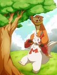  black_nose buizel chubby cute fluffy_tail fur fur_markings grass hand_on_head hinami kemono nintendo open_mouth outside pok&#233;mon pok&eacute;mon teeth tree video_games white_fur zangoose 