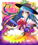  bad_id bad_pixiv_id black_hat blue_hair blue_skirt bow food frown fruit hat hinanawi_tenshi long_hair looking_at_viewer oruga_(oruoruga) peach red_bow red_eyes shirt short_sleeves simple_background skirt solo touhou white_shirt 