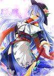  adapted_costume akisome_hatsuka belt blue_hair blush bow cherry_blossoms detached_sleeves dress flower gensoukyou hat hat_flower hat_ornament highres hinanawi_tenshi long_hair one_eye_closed petals red_eyes scarf smile solo sword_of_hisou touhou very_long_hair weapon 