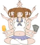  brown_hair goddess hindu_mythology hinduism kill_la_kill lotus_position mankanshoku_mako midriff money multiple_arms multiple_heads navel no_shoes parody r-u-r-i short_hair sitting socks solo transparent_background 