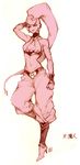  1girl akame_(chokydaum) alien baggy_pants belt black_sclera boots chokydaum cleavage_cutout dragon_ball dragonball_z earrings genderswap high_heel_boots high_heels jewelry legs_crossed majin_(race) majin_buu midriff monster_girl nail_polish navel pants 