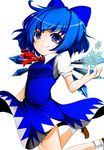  abuto5523 ankle_socks blue_eyes blue_hair bow cirno dress hair_bow hand_up highres legs_folded looking_at_viewer mary_janes open_hand ribbon shoes short_hair short_sleeves simple_background smile snowflakes solo touhou white_background wings 