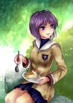  blazer blue_eyes cake clannad drawfag food fruit fujibayashi_ryou hair_ribbon hikarizaka_private_high_school_uniform jacket pleated_skirt purple_hair ribbon school_uniform short_hair sitting skirt solo spoon strawberry 