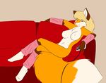  arm_warmers big_breasts blonde_hair breasts brown_eyes canine female fluffy_tail fox fur gamepad hair leg_warmer legwear long_hair looking_at_viewer mammal nude orange_fur smile socks sofa solo starfighter 