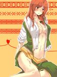  :&lt; aqua_eyes arm_support blush blush_stickers braid breasts bruise clover_(lapis_lazure) colored_eyelashes commentary_request hong_meiling injury large_breasts long_hair looking_away navel no_bra open_clothes open_shirt patterned_background red_hair shirt side_braid side_slit sitting skirt skirt_set solo thighs touhou yokozuwari 