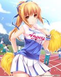 blonde_hair breasts brown_eyes cheerleader contrapposto hair_ribbon highres large_breasts long_hair looking_at_viewer moneti_(daifuku) original pleated_skirt pom_poms ponytail ribbon skirt solo_focus sparkle standing 