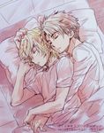  bed blonde_hair buddy_complex himame jun'you_dio_weinburg male_focus multiple_boys pillow short_hair sleeping spooning watase_aoba yaoi 