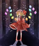  applemerry63 blonde_hair bow dress flandre_scarlet frilled_dress frilled_hat frills glowing glowing_eyes hat highres no_shoes red_bow red_dress red_eyes ribbon short_hair short_sleeves side_ponytail socks solo touhou wings 
