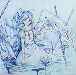  angel_wings arm_up blue_hair bow chain colored_pencil colored_pencil_(medium) cross dress flower hair_bow highres jewelry kneeling looking_at_viewer mai_(touhou) necklace open_hand pencil ponytail puffy_short_sleeves puffy_sleeves short_hair short_sleeves smile solo touhou touhou_(pc-98) traditional_media wading wings yorktown_cv-5 