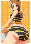  antennae aokura_shou ass bee_costume breasts brown_eyes brown_hair happinesscharge_precure! highres honey honeycomb_(pattern) honeycomb_background looking_at_viewer medium_breasts oomori_yuuko precure smile solo 