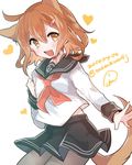  anchor_symbol animal_ears brown_hair commentary dated dog_ears fang hair_ornament hairclip heart ikazuchi_(kantai_collection) kantai_collection long_sleeves looking_at_viewer open_mouth petite school_uniform serafuku signature skirt smile solo tail takeshima_(nia) twitter_username yellow_eyes 