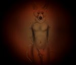  anthro balls canine canine_penis cum ear_piercing erection fen fen_(fursona) gloebis gradient_background jackal knot looking_at_viewer male mammal navel nipples nude penis piercing pinup pose precum sack solo thevale vein 