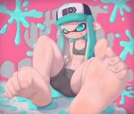  1girl barefoot bike_shorts blue_eyes blue_hair fangs feet hat inkling long_hair nintendo pointy_ears rysonanthrodog soles splatoon splatoon_(series) splatoon_2 splatoon_2:_octo_expansion squid tentacle_hair toe_scrunch toes 