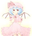  bad_id bad_pixiv_id bat_wings blue_hair bow dress ellipsis_(mitei) fangs fingernails looking_at_viewer open_mouth red_eyes remilia_scarlet ribbon short_hair short_sleeves sitting solo touhou wings 