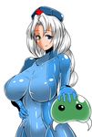  blue_eyes bodysuit braid breasts cosplay hand_on_hip hat huge_breasts long_hair looking_at_viewer metroid metroid_(creature) samus_aran samus_aran_(cosplay) shiny shiny_clothes silver_hair smile torii5011 touhou yagokoro_eirin zero_suit 