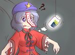  :p ? blouse blue_eyes bottle breath chinese_clothes commentary expressive_clothes glowing grey_background hat high_collar lavender_hair left_4_dead long_sleeves miyako_yoshika motion_lines ofuda outstretched_arms ribbon short_hair solo star string tongue tongue_out touhou wool_(miwol) zombie_pose 