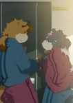  anthro black_nose blue_eyes blush clothing duo gay hand_holding hinami inside kemono male open_mouth 