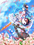  absurdres bad_id bad_pixiv_id blue_hair blue_sky boots bow chain cloud dress field flower flower_field food frilled_dress frilled_shirt frills frown fruit gensoukyou hat highres hinanawi_tenshi keystone long_hair looking_at_viewer pantyhose peach petals red_eyes ribbon shield shirt shoes short_sleeves sky solo sword sword_of_hisou touhou vivian_(lancerhd) weapon yin_yang 