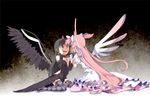  akemi_homura akuma_homura bare_shoulders black_gloves black_hair black_legwear clothes_grab commentary elbow_gloves gloves hair_ribbon hairband kaname_madoka long_hair mahou_shoujo_madoka_magica mahou_shoujo_madoka_magica_movie multiple_girls panties pink_hair pink_legwear ribbon sitting spoilers tears thighhighs ultimate_madoka underwear very_long_hair wariza white_panties wings yuuzii 