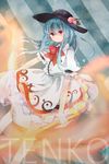  applemerry63 black_hat blue_hair bow character_name dress food frilled_shirt frilled_sleeves frills fruit hat highres hinanawi_tenshi layered_dress long_hair looking_at_viewer peach red_bow red_eyes shirt short_sleeves simple_background solo sword sword_of_hisou touhou weapon 