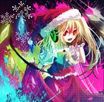  ascot bad_id bad_pixiv_id blonde_hair flandre_scarlet glowing glowing_eyes hat headphones looking_at_viewer lowres mirimo open_mouth puffy_sleeves red_eyes santa_hat shirt short_sleeves side_ponytail skirt skirt_set smile solo touhou wings 