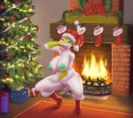 5_fingers anthro big_breasts boots breasts christmas christmas_tree clothing crouching drxsmokey eyelashes female fire fireplace footwear forked_tongue gift green_areola green_nipples green_pussy hat high_heels holidays inside long_tongue mostly_nude nintendo nipples pok&eacute;mon pok&eacute;mon_(species) pussy red_eyes santa_hat serperior shoes solo tongue tree video_games 
