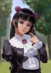  black_hair commentary doyora flower gokou_ruri gothic_lolita hair_flower hair_ornament lips lolita_fashion long_hair mole mole_under_eye nose ore_no_imouto_ga_konna_ni_kawaii_wake_ga_nai purple_eyes solo 