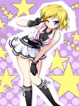  black_gloves black_legwear blonde_hair blue_eyes blush gloves highres matatabi_(2ccp) one_eye_closed pretty_(series) pretty_rhythm pretty_rhythm_aurora_dream short_hair skirt smile solo star takamine_mion v 