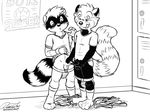  balls black_and_white blush cub docking duo gay jockstrap licking licking_lips locker locker_room male mammal monochrome neoneon penis poster raccoon red_panda signature soccer socks tongue uncut underwear uniform young 