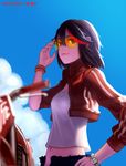  aviator_sunglasses cloud day ground_vehicle highres jacket kill_la_kill matoi_ryuuko motor_vehicle motorcycle multicolored_hair senketsu short_hair sky smile sunglasses track_jacket two-tone_hair watch wei_ji 