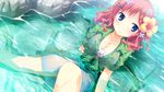  blue_eyes braid breasts cleavage dutch_angle embarrassed flower game_cg green_shirt hair_flower hair_ornament hairclip hibiscus highres jewelry koisuru_natsu_no_last_resort large_breasts looking_away maki_shiori mottsun necklace orange_hair shirt skirt solo tied_shirt water wet 