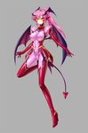  bodysuit breasts cameltoe covered_navel covered_nipples demon_horns demon_tail demon_wings high_heels horns large_breasts long_hair md5_mismatch original pink_bodysuit pink_hair pointy_ears ponytail shiny shiny_clothes slit_pupils solo tail utamaru_(utamaru143) wings yellow_eyes 