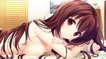  afterglow breasts brown_hair crossed_arms game_cg hoshina_yuuki_(lovesick_puppies) indoors long_hair looking_at_viewer lovesick_puppies lying medium_breasts nipples nude on_stomach red_eyes rozen5 smile solo 