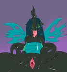  anthro black_body changeling female friendship_is_magic green_eyes hair half-closed_eyes long_hair looking_at_viewer my_little_pony open_mouth presenting presenting_pussy purple_background pussy queen_chrysalis_(mlp) saurian_(artist) solo tongue tongue_out wings 