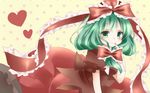  blush bow dress fingernails frilled_bow frilled_ribbon frills front_ponytail green_eyes green_hair hair_bow hair_ornament hair_ribbon heart kagiyama_hina long_hair looking_at_viewer polka_dot polka_dot_background red_bow red_dress red_ribbon ribbon smile solo tamichan touhou 