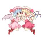  ankle_boots ankle_socks ascot bat_wings blonde_hair blue_hair boots cheek-to-cheek doboncho flandre_scarlet hat hat_ribbon highres holding_hands interlocked_fingers legs_folded looking_at_viewer mary_janes mob_cap multiple_girls remilia_scarlet ribbon shoes short_hair short_sleeves siblings simple_background sisters skirt skirt_set smile touhou white_background wings 