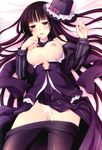  absurdres black_hair black_legwear breasts cum cum_on_pussy detached_sleeves facial_mark hat hat_removed hatori_piyoko headwear_removed highres kadone_makie large_breasts long_sleeves nipples no_bra no_panties open_clothes open_shirt pantyhose pantyhose_pull purple_eyes shirt witch's_garden 